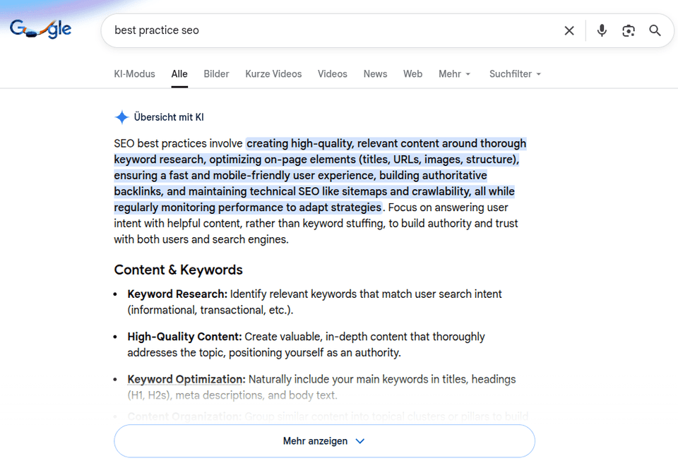 Strategischer AI Overviews SERP-Ausschnitt für den deutschen Markt